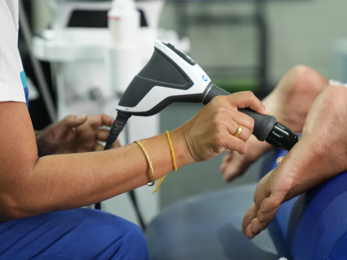 Chattanooga RPW2 shockwave therapy being applied for plantar fasciitis at DakshinRehab Moosapet