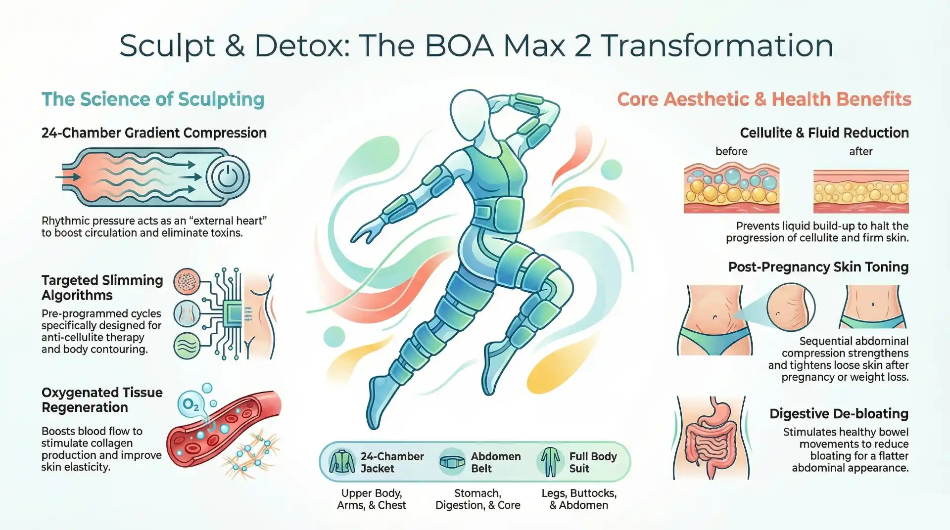 BOA MAX 2 infographic showing 24-chamber gradient compression, targeted slimming algorithms, cellulite reduction, post-pregnancy skin toning, and digestive de-bloating benefits at DakshinRehab Hyderabad