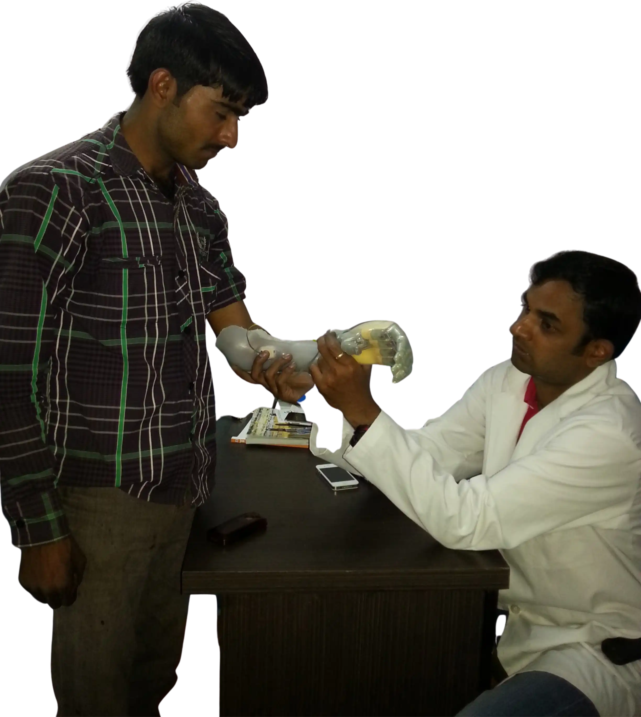 Prosthetist fitting a bionic arm to a patient at DakshinRehab Moosapet, Hyderabad