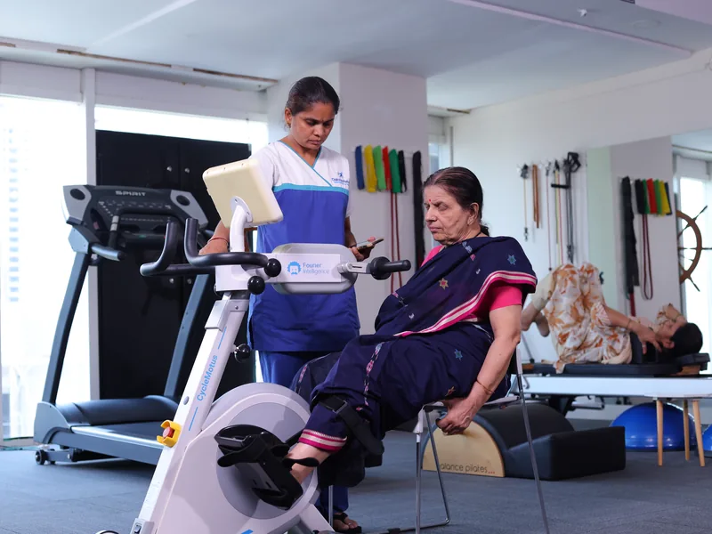 Cyclomotus robotic leg trainer for knee recovery at DakshinRehab Moosapet.