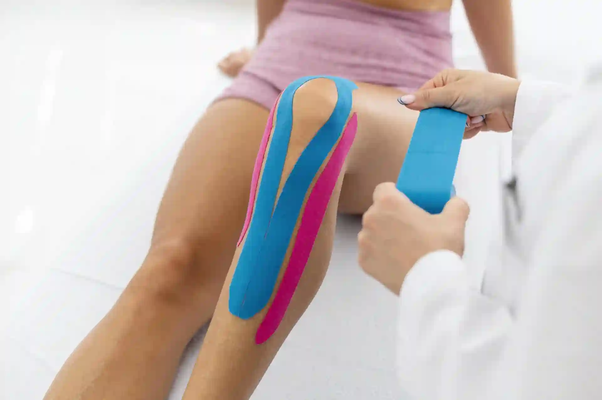 Kinesio tape applied to knee and shoulder