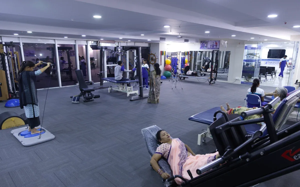 DakshinRehab treatment floor in Moosapet, Hyderabad — multi-station rehabilitation gym where post-COVID recovery and graduated movement programmes take place
