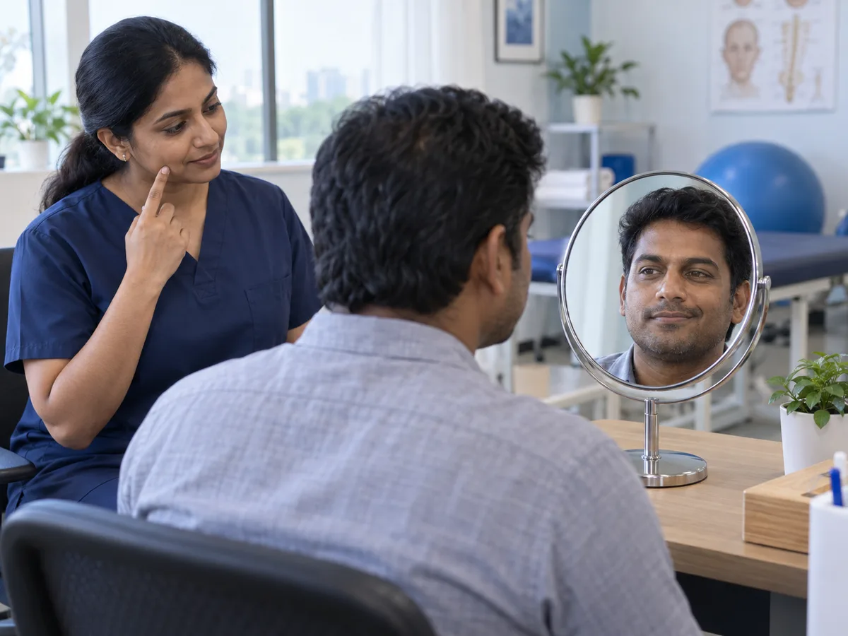 AI illustration of a South Indian patient practising a small smile with mirror feedback.