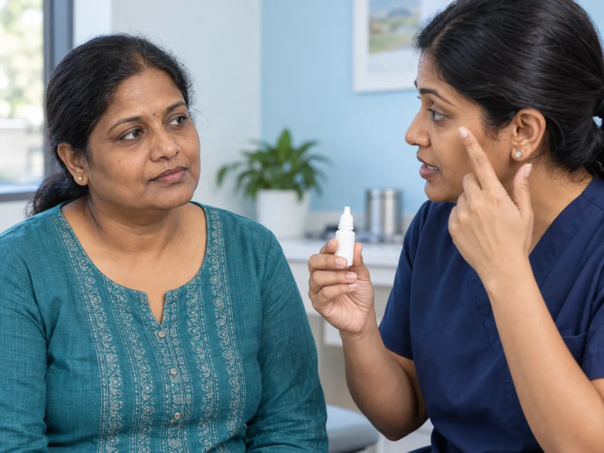 AI illustration of a clinician discussing eye care with a South Indian woman.