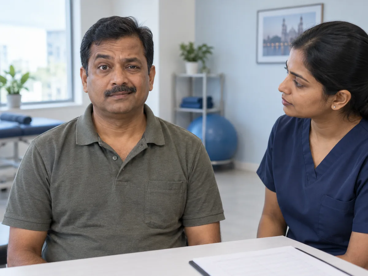 AI illustration of a South Indian patient making a gentle facial movement while a therapist assesses symmetry.