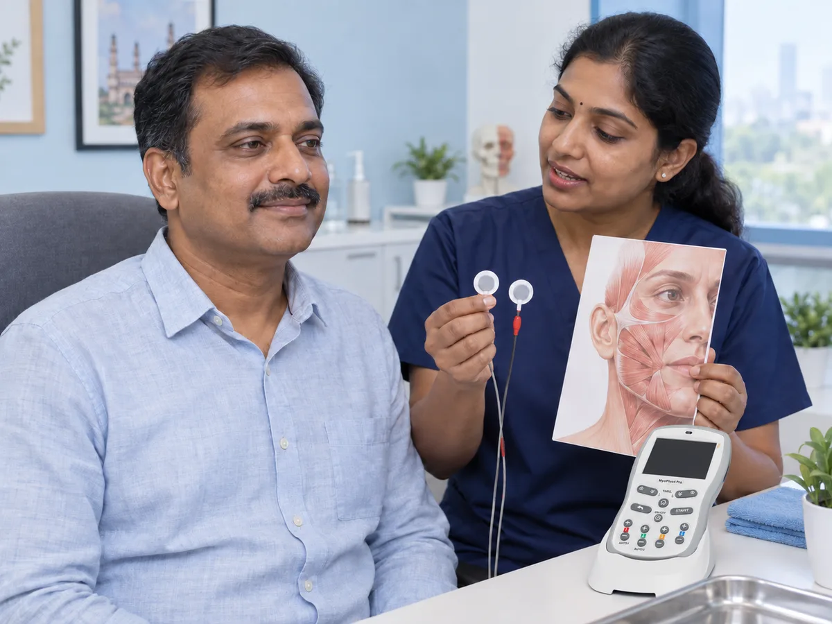 AI illustration of a therapist explaining facial surface sensors beside a MyoPlus 4 device before recording.
