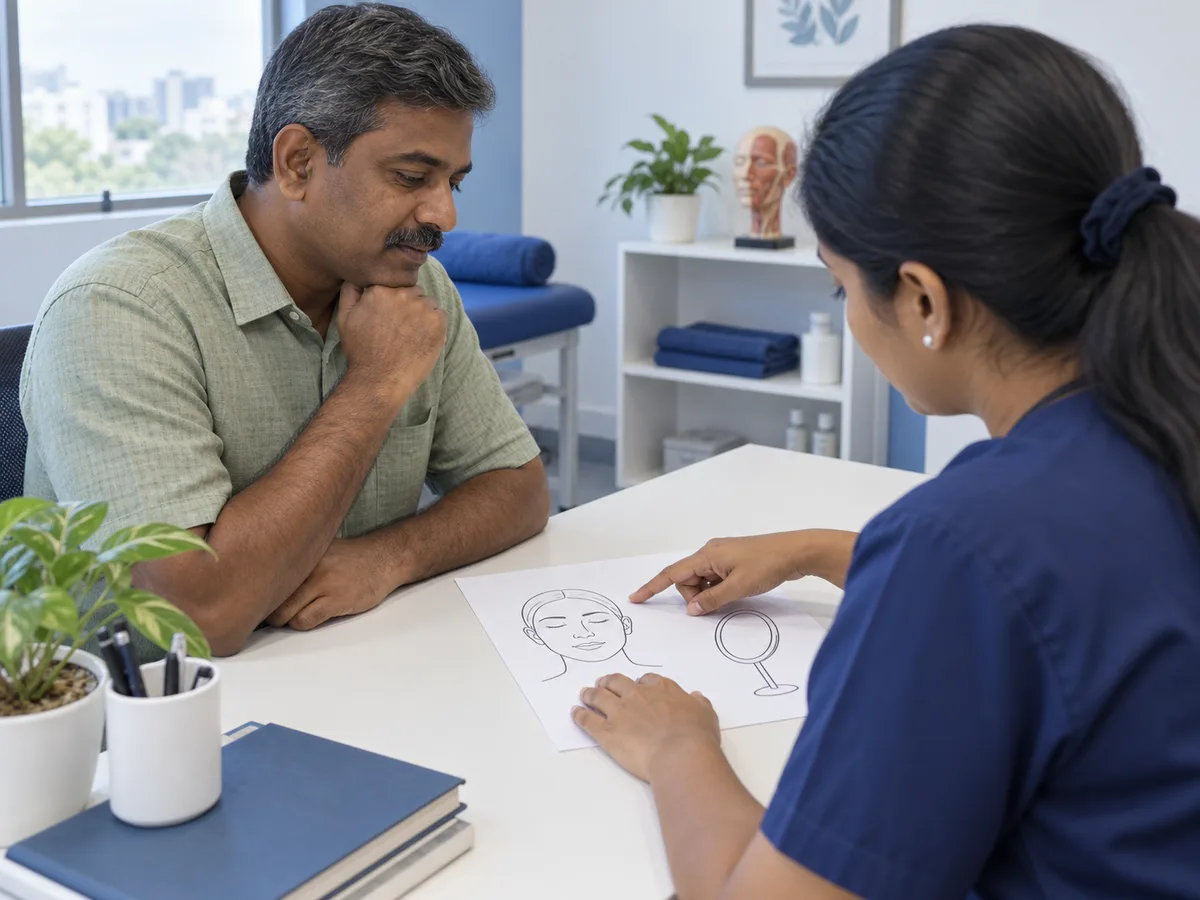 AI illustration of a South Indian patient and therapist discussing a facial home-practice plan.