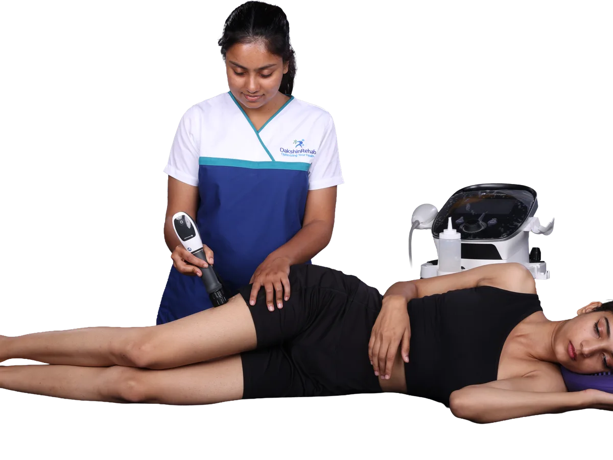 Shockwave therapy releasing the TFL and iliotibial band in a runner at DakshinRehab, Moosapet, Hyderabad