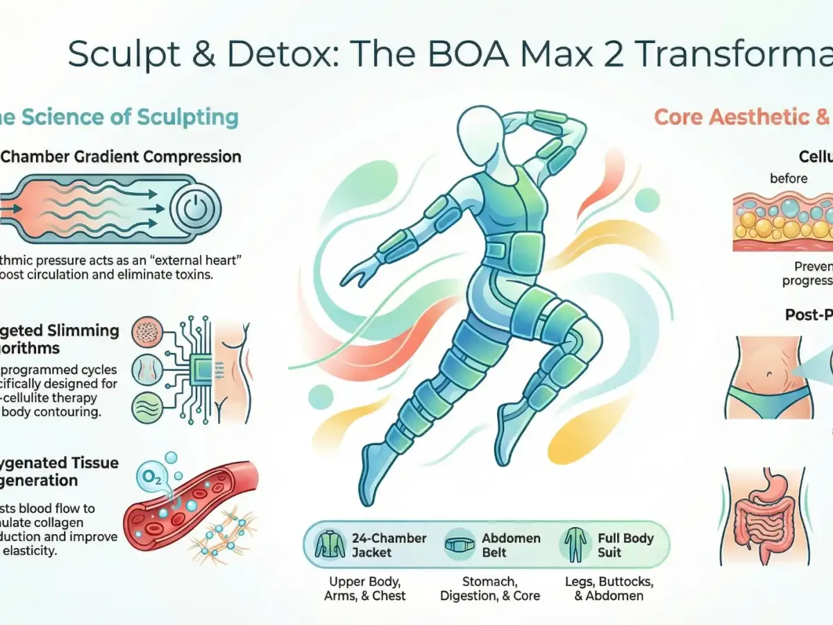 BOA MAX 2 infographic showing 24-chamber gradient compression, targeted slimming algorithms, cellulite reduction, post-pregnancy skin toning, and digestive de-bloating benefits at DakshinRehab Hyderabad