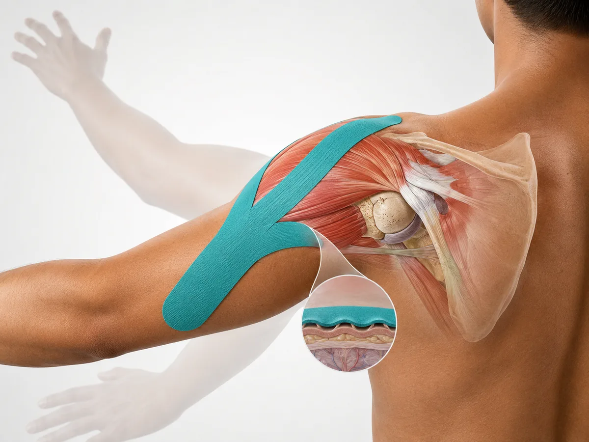 Kinesio tape applied to knee and shoulder